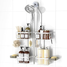 REINHARDT Aluminum Shower Caddy Hanging Adjustable Shower Caddy, Rustproof Hanging Shower Organizer with Hooks Soap Holders, Over Shower Head Caddy for Handheld Showerhead, White