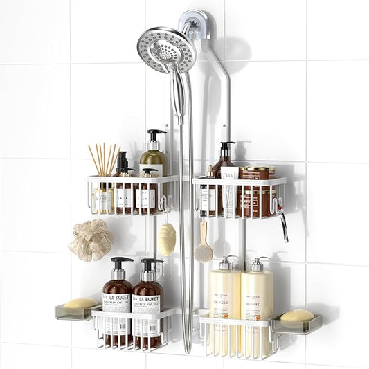 REINHARDT Aluminum Shower Caddy Hanging Adjustable Shower Caddy, Rustproof Hanging Shower Organizer with Hooks Soap Holders, Over Shower Head Caddy for Handheld Showerhead, White