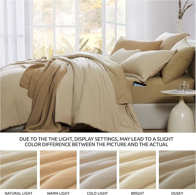 WRENSONGE King Size Comforter Set, 7 Pieces Beige Soft Bed in a Bag King with Fitted Sheet, Flat Sheet, 2 Pillow Shams, and 2 Pillowcases- Warm Bedding Set for All Season