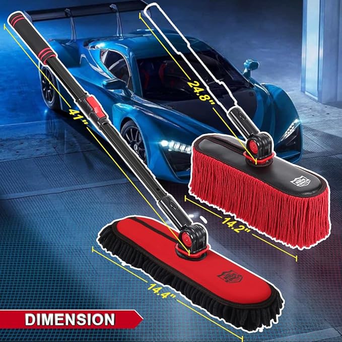 2In1|2MOPS(Car Wash Brush Mop*1 & Car Duster Mop*1) with 1 Long Handle|Microfiber Car Brushes for Washing Exterior,Car Wash Accessories Scratch Free,Car Wash Mop for Rv Truck Boat