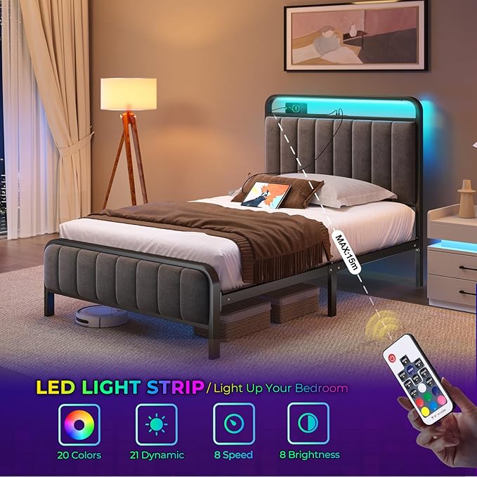 Rolanstar Twin Size Bed Frame with LED Light and Charging Station, Upholstered Headboard and Footboard, Metal Slat, Noise Free, Easy Assembly, Dark Gray