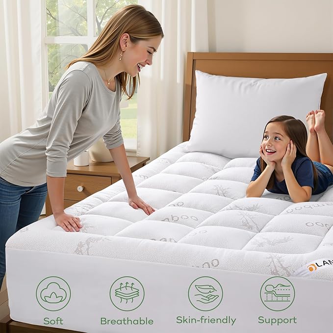 OLANLY Full Mattress Topper – Viscose Made from Bamboo, Cooling Soft Full Pillow Top Mattress Pad for Back Pain Relief, Plush Down Alternative Fill Bed Topper with Elastic Deep Pocket, White
