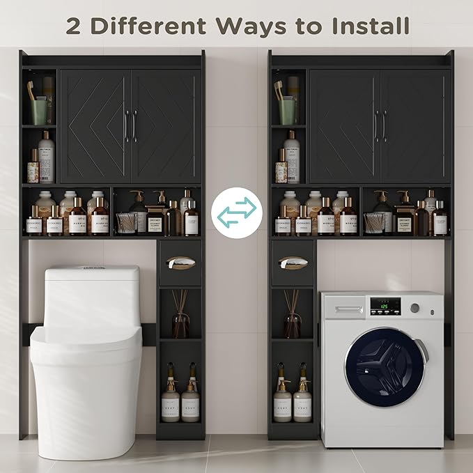 MHOM 67.8" H Over The Toilet Storage Cabinet with Adjustable Shelves & Toilet Paper Holder, Farmhouse Over Toilet Bathroom Organizer, Double Door Toilet Cabinet for Bathroom, and Laundry, Black