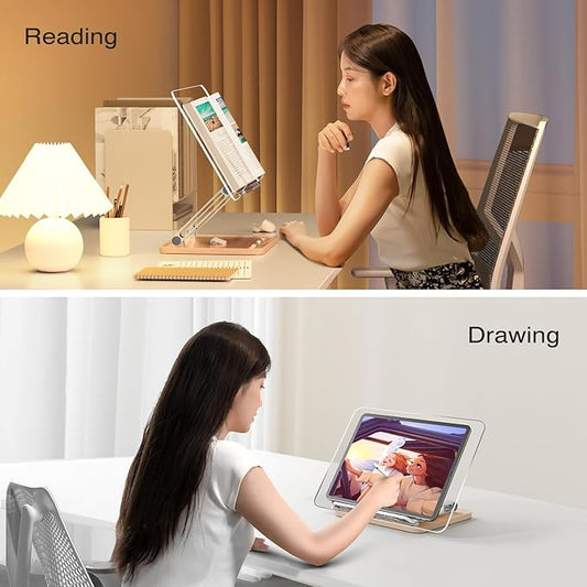 Adjustable Acrylic Book Stand for Reading, Book Holder with Pen Slot, Foldable Desktop Riser for Laptop, Recipe, Textbook - Hands-Free,Cookbook Stand, Clear Design with Page Clips