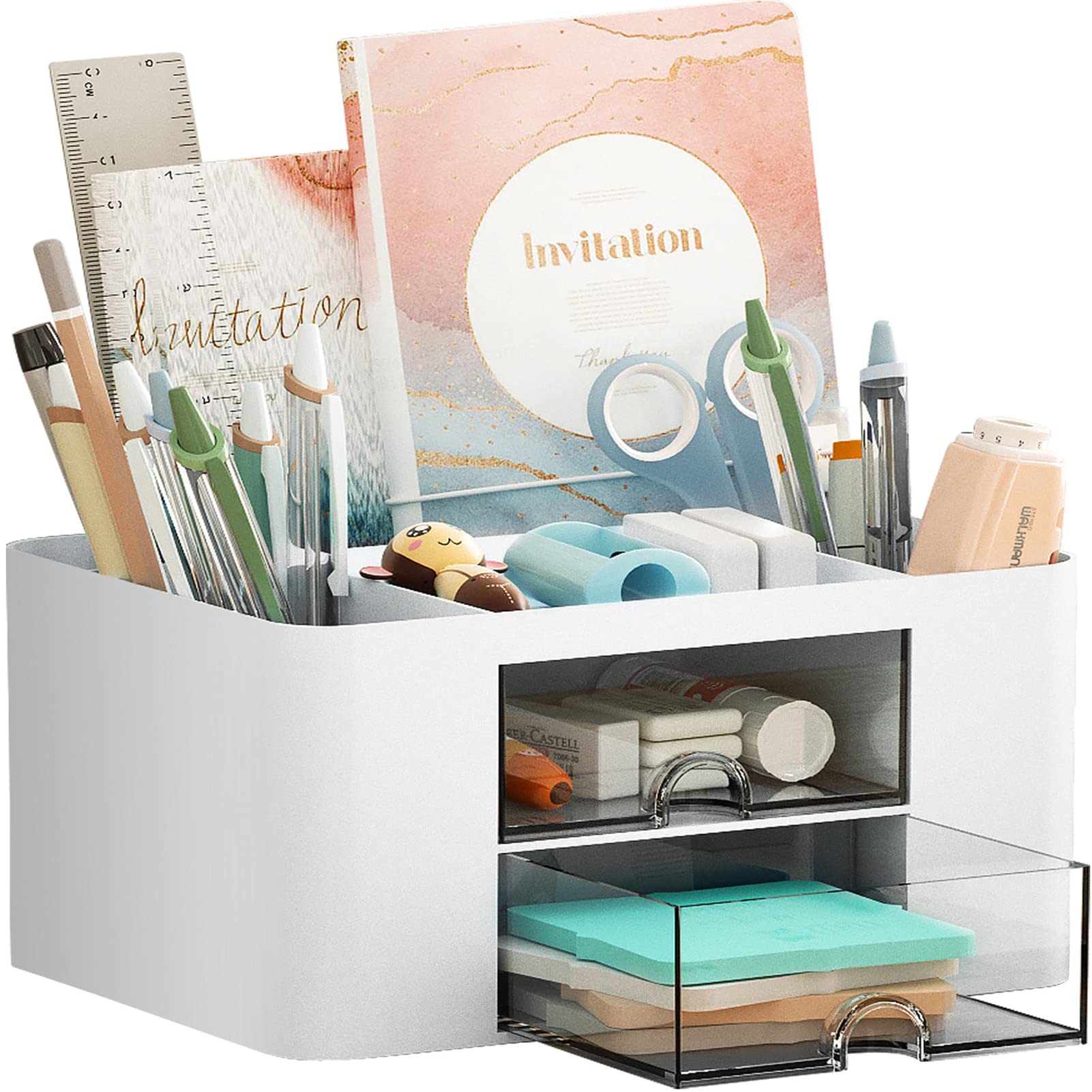 Marbrasse Pen Organizer with 2 Drawer, Multi-Functional Pencil Holder for Desk, Desk Organizers and Accessories with 5 Compartments + Drawer for Office Art Supplies (Blue) Dormly