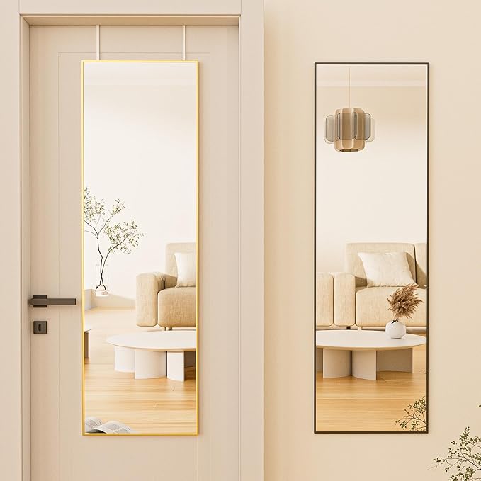 BEAUTYPEAK 16" x 50" Adjustable Height Over The Door Mirror, Full Length Hanging Door Mirror with Shatterproof Tempered Glass Aluminum Alloy Frame for Bedroom, Living Room, Bathroom, Dorm, Black