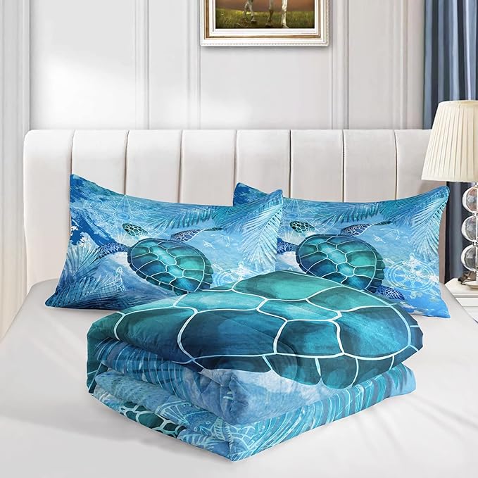 CVHOUSE Sea Turtle Bedding Set,Sea Turtle Comforter Queen,Ocean Bohemia Comforter Set for Boys Kids Girls,Ocean Quilt Set with 1 Comforter and 2 Pillow Cases