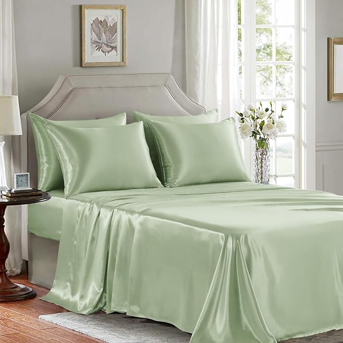 Satin Sheets King Size - 6 Pieces Luxury Silky Soft Bed Sheets, Wrinkle-Free Sage Green Satin Silk Sheet Set with 1 Deep Pocket Fitted Sheet, 1 Flat Sheet, 4 Pillow Cases