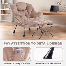 Tiita Lazy Chair with Ottoman, Modern Large Accent Lounge Armchair, Comfy Leisure Sofa Reading Chair with Footrest for Bedroom, Living Room, Dorm Rooms, Garden and Courtyard, Velvet Khaki