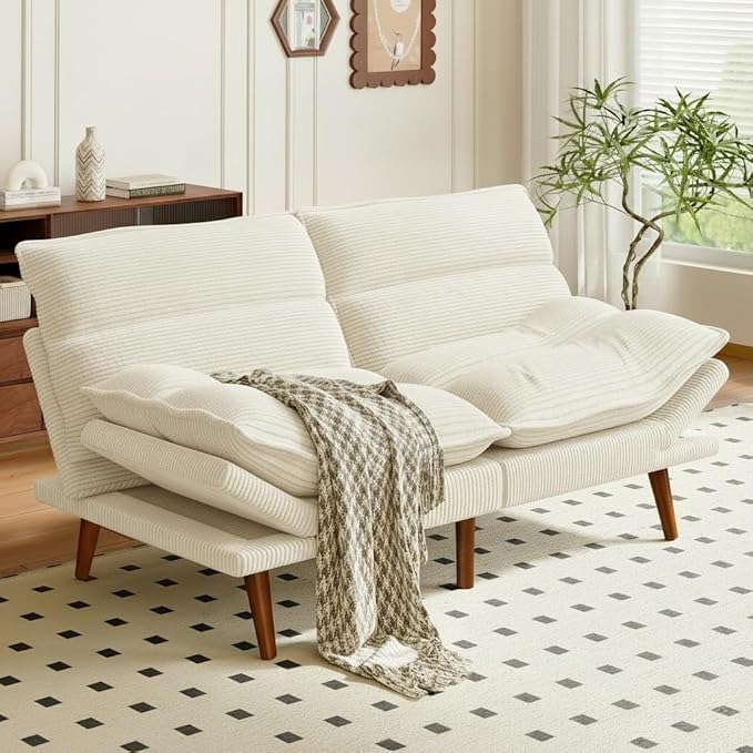 Amada Convertible Futon Sofa Bed - Corduroy Loveseat with Adjustable Backrest & Armrests, Thickened Seat Cushion, Small Space Sleeper Couch for Apartment, Study Room & Office（Off-White，66 Inch ）