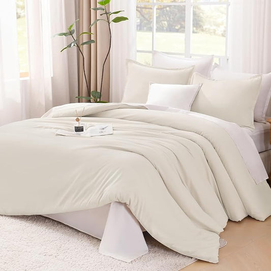 Litanika Comforter Set, Lightweight Solid Bedding Comforter Set, Fluffy Down Alternative Bed Set, Beige, Super King