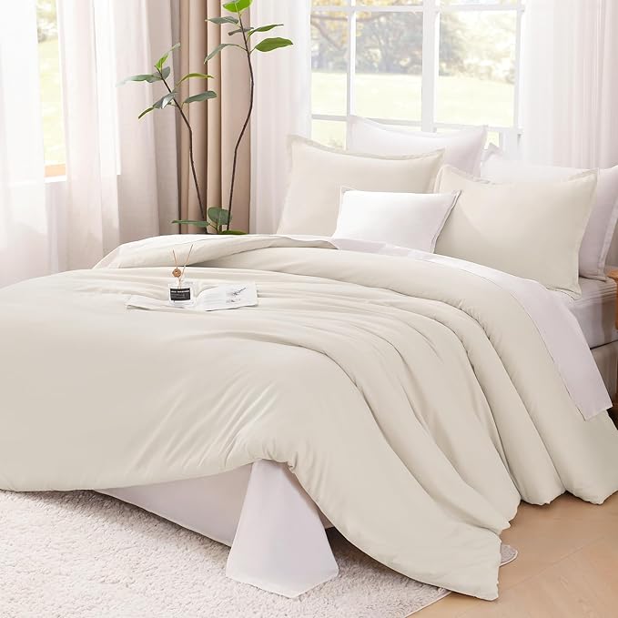Litanika Comforter Set, Lightweight Solid Bedding Comforter Set, Fluffy Down Alternative Bed Set, Beige, Oversized Queen
