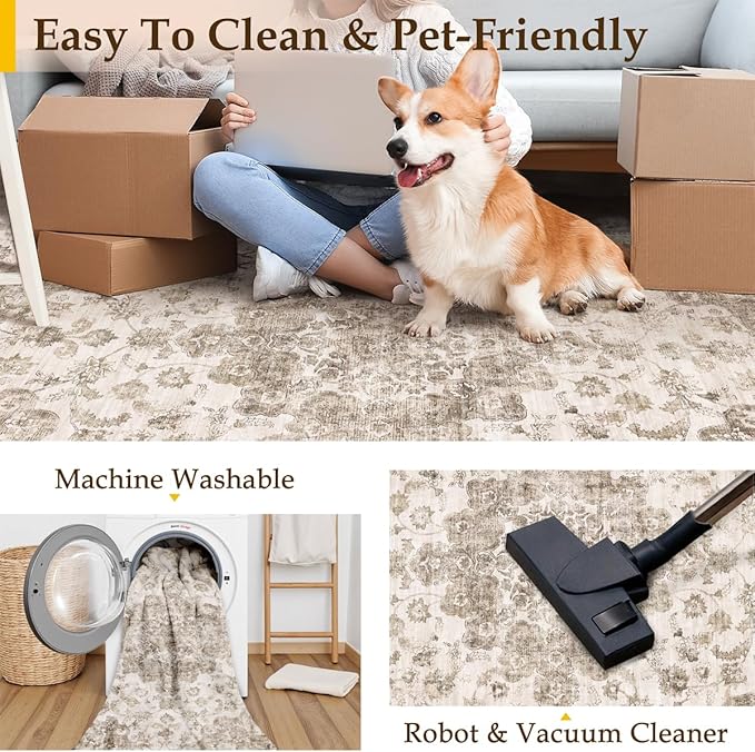 2x8 Washable Neutral Runner Rug Brown Vintage Hallway Kitchen Carpet Non-Slip Soft Low Pile Floral Throw Rug for Bedroom Bathroom Laundry Living Room