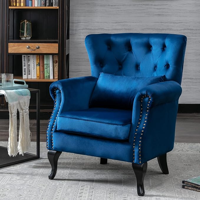 Set of 2 Mid-Century Modern Accent Chair, Velvet Armchair w/Tufted Back/Wood Legs, Upholstered Lounge Arm Chair Single Sofa for Living Room Bedroom, Blue