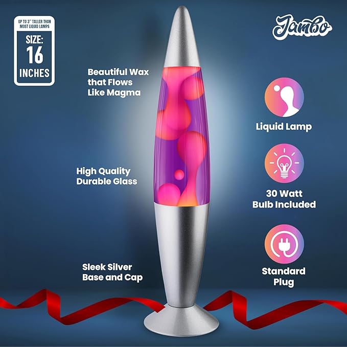 JAMBO 16" Beautiful Lamp- Purple with Pink Wax, Relaxing Liquid Light, Night Light Nightlight, Home Decor Living Room Office Bedroom Lamp for Adults Teens Kids, Magma Motion