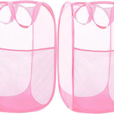2 Pack Durable Collapsible Laundry Baskets - Reinforced Mesh Pop Up Laundry Hamper with Pocket, Foldable Dirty Clothes Hamper with Carry Handles for Laundry, Bathroom, Kids Room, Dorm or Travel Pink