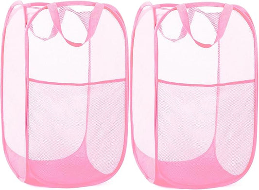 2 Pack Durable Collapsible Laundry Baskets - Reinforced Mesh Pop Up Laundry Hamper with Pocket, Foldable Dirty Clothes Hamper with Carry Handles for Laundry, Bathroom, Kids Room, Dorm or Travel Pink