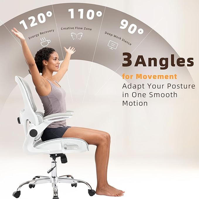 Office Chair, Ergonomic Desk Chair with Adjustable High Back 2D Lumbar Support Flip-up Armrests, Executive Breathable Mesh Comfy Swivel Rolling Computer Task Chair for Home Office Study Work Gaming