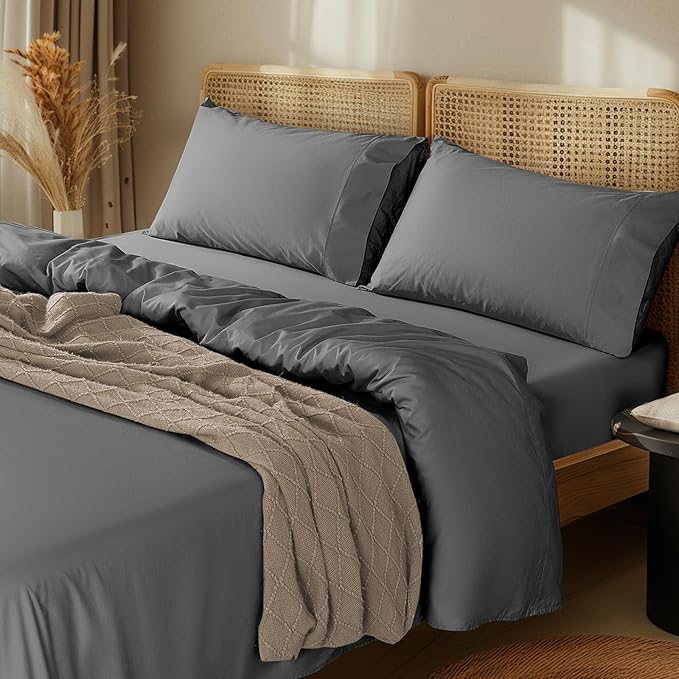 LBRO2M 100% Cotton Sheets Set Deep Pocket 24", 1000 Thread Count King Size 4 Piece Bed Sheet Sets Soft Comfortable Bedding All Season (King, Dark Gray) LBRO2MBedding