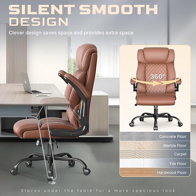 Office Chair, Ergonomic Big and Tall Executive Desk Chair, Breathable Leather Chair with Adjustable Flip-up Armrests, Lumbar Support Swivel Computer Chair with Rocking Function (Brown)