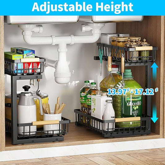 Under Sink Organizer, 2 Tier Metal Under Sink Organizers and Storage, Height Adjustable Slide out Pull out Cabinet Organizer for Kitchen Bathroom