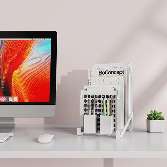 File Organizer for Desk with Storage Box & Hook, Inclined Desk File Organizer with 5-Section Vertical File Holder suitable for Home Office Document Organization (White)