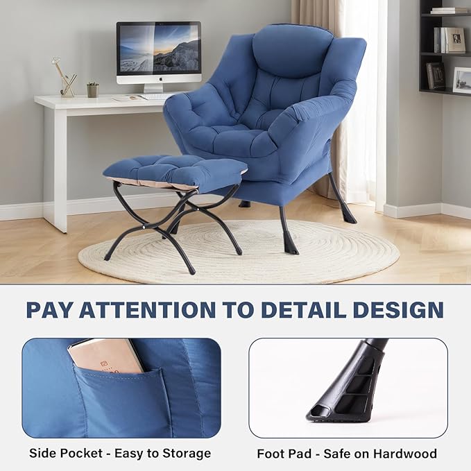 Tiita Lazy Chair with Ottoman, Modern Large Accent Lounge Armchair, Comfy Leisure Sofa Reading Chair with Footrest for Bedroom, Living Room, Dorm Rooms, Garden and Courtyard, Blue