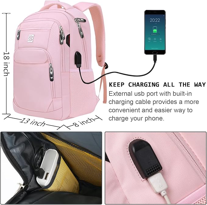 Laptop Backpack,Business Travel Anti Theft Slim Durable Laptops Backpack with USB Charging Port,Water Resistant College Computer Bag for Women & Men Fits 15.6 Inch Laptop and Notebook-Light Pink