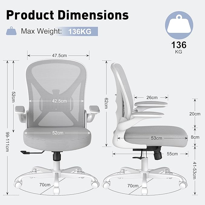 ZZH Ergonomic Office Chair with Adjustable Lumbar Support, Mesh Home Office Desk Chair with Wheels and Flip-up Arms, Grey