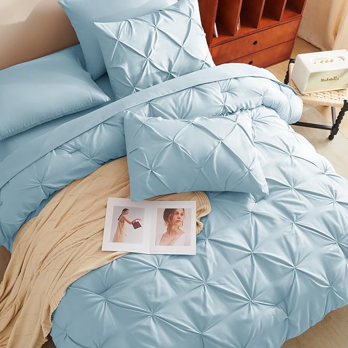 CozyLux Queen Comforter Set Light Blue, 7 Pieces Pintuck Bed in A Bag, Premium Blue Comforter Queen Size, Pinch Pleat Bedding Sets with Comforter, Sheets, Pillowcases & Shams