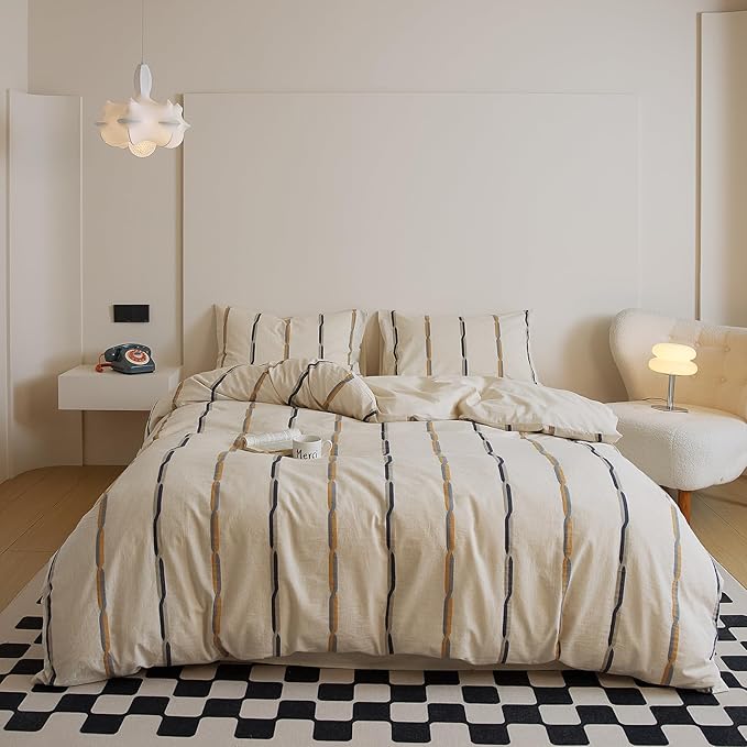 VM VOUGEMARKET King Duvet Cover Set Jacquard Black Orange Stripes Duvet Cover with 2 Pillowcases Yarn-Dyed Linen Cotton Minimalist Bedding Set,104"x90"