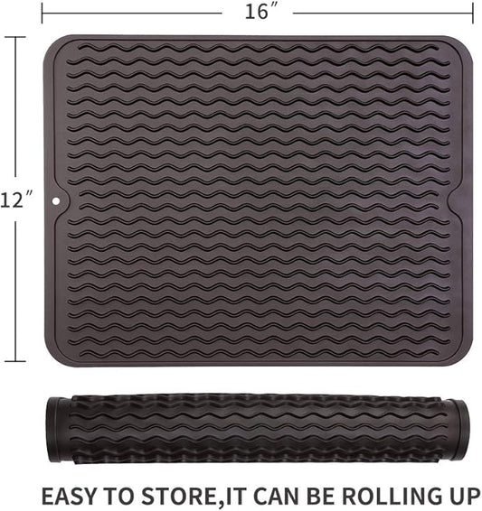 Silicone Dish Drying Mat for Multiple Usage,Easy clean,Eco-friendly,Heat-resistant Silicone Mat for Kitchen Counter or Sink,Refrigerator or drawer liner Coffee L 16 inches x 12 inches