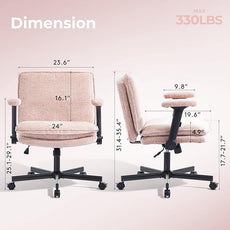 Criss Cross Chair with Flip-Up Arms and Lockable Wheels, Plush Fabric Cross Legged Office Desk Chair,Wider 125°Tilting Adjustable Swivel Computer Chair for Home, Apartment, Bedroom,Pink