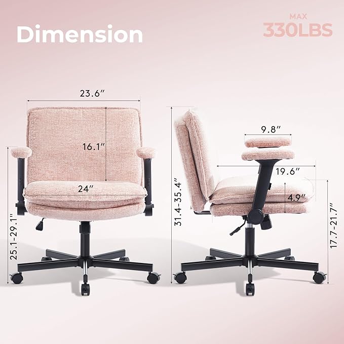 Criss Cross Chair with Flip-Up Arms and Lockable Wheels, Plush Fabric Cross Legged Office Desk Chair,Wider 125°Tilting Adjustable Swivel Computer Chair for Home, Apartment, Bedroom,Pink