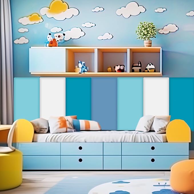 8 Pack Wall Padding for Playroom Peel and Stick Headboard 15.75" x 7.87" x 1.18" 3D Anti Collision Upholstered Wall Panels Self Adhesive Headboard Panel for Protection (Blue Colors)