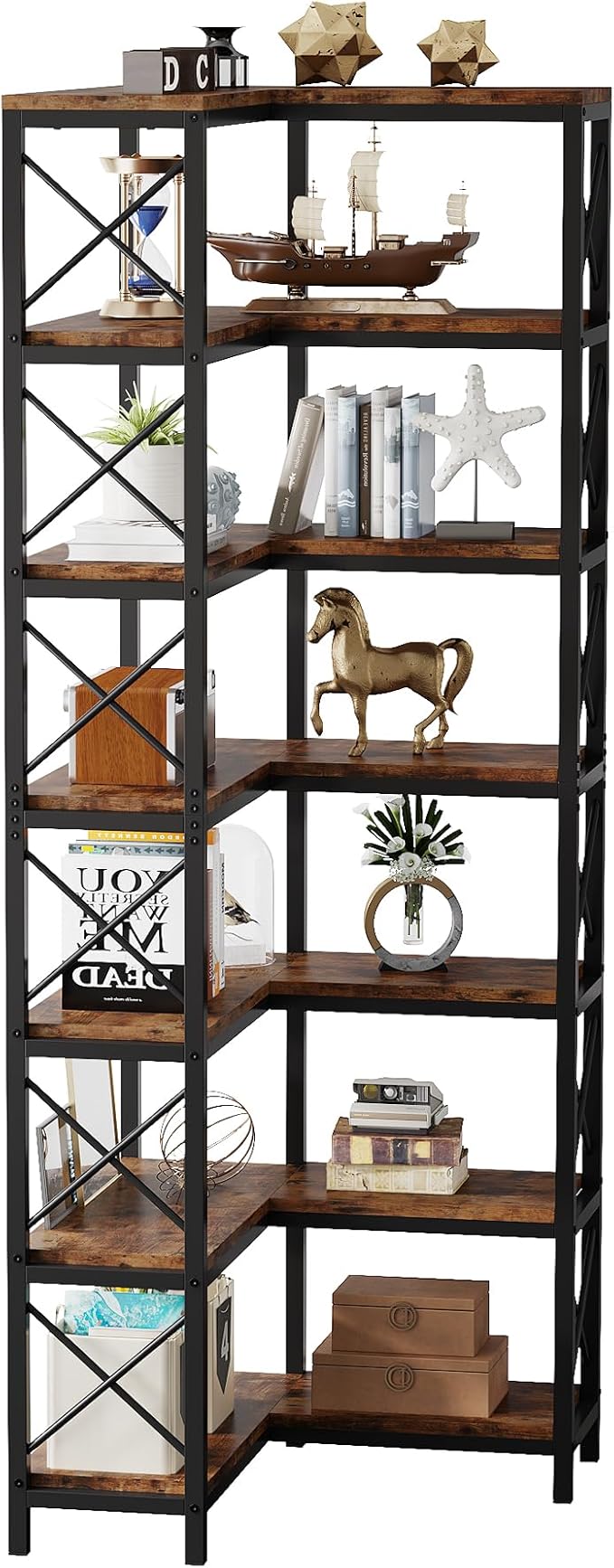 Tribesigns 7-Shelf Corner Bookshelf,Large Modern Corner Bookcase, 7-Tier Tall Corner Shelf Storage Display Rack with Metal Frame for Living Room Home Office (Black)