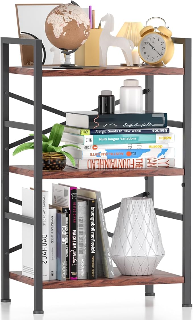 3-Tier Small Bookshelf, Industrial Metal & MDF Bookcase, X-Brace Stable Shelving for Small Spaces, Adjustable Feet, Easy Assembly, 27.6" H x 16.5" W x 11" D (Black)