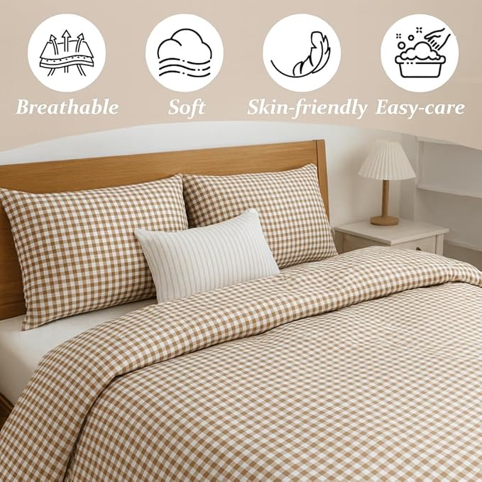 Brown Gingham King Duvet Cover 3Pcs Soft Breathable Microfiber Farmhouse Bedding Gift Set