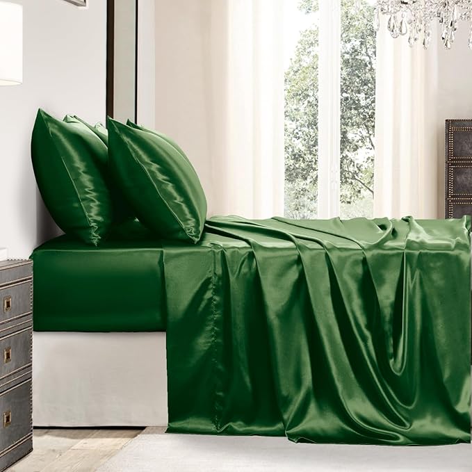 Satin Sheets Queen Size - 6 Pieces Luxury Silky Soft Bed Sheets, Wrinkle-Free Dark Green Satin Silk Sheet Set with 1 Deep Pocket Fitted Sheet, 1 Flat Sheet, 4 Pillow Cases
