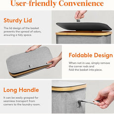 Lifewit 50L Slim Laundry Hamper with Lid, Narrow Laundry Basket with Removable Bag & Bamboo Handles, Fodable Thin Dirty Clothes Hamper for Laundry Collapsible Bin for Bathroom Bedroom Dorm, Gray