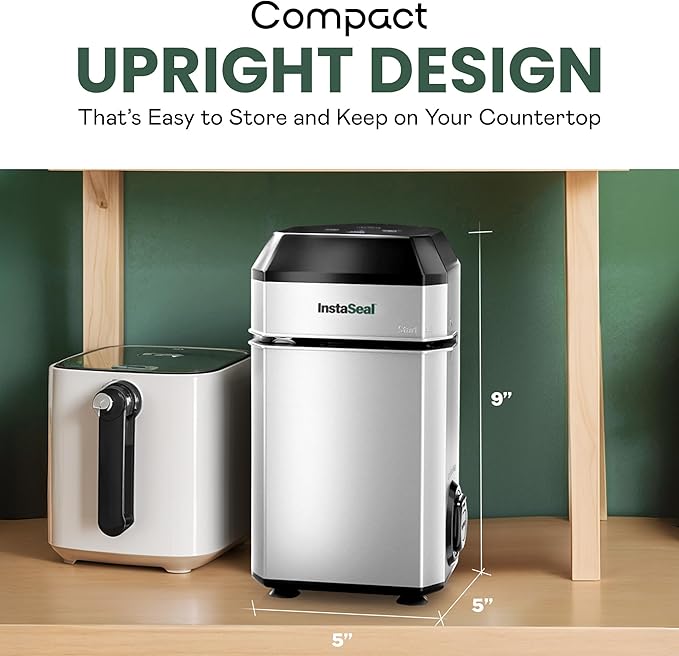 Vacuum Sealer for Food with 12 Bags, Preserves Foods 5x Longer, Space Saving Compact Upright Design Allows Machine to Seal Marinades, Soups, Meats for Sous Vide Cooking, Vegetables