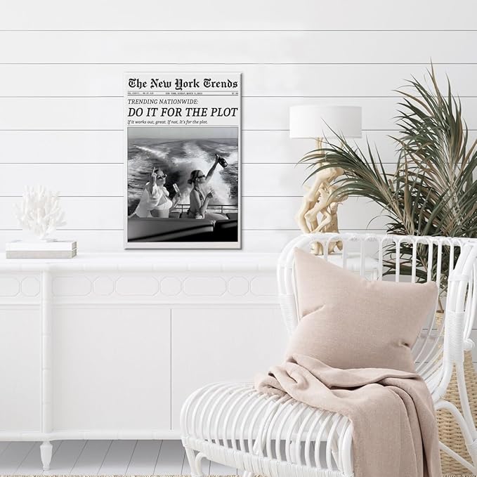Retro New York Trends Wall Art Black and White Newspaper Poster Do It for The Plot Canvas Prints Funky Feminist Posters Trendy College Wall Decor for Bar Cart Hot Girl Dorm Room Decorative 16x24inch Framed