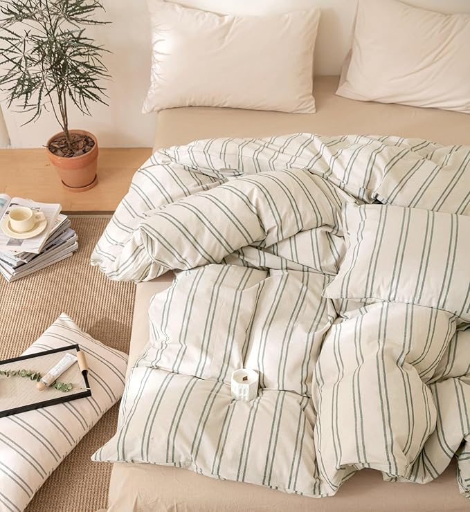 VM VOUGEMARKET Full Duvet Cover Set Beige Gray Striped Bedding Set Soft Washed Cotton 3 Pieces Dark Green Vertical Ticking Stripes Comforter Cover with Zipper Closure-80x90 Inch