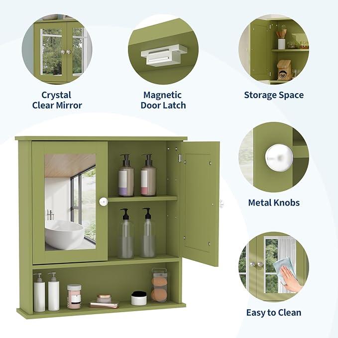 22.2 Inch Mirrored Medicine Cabinet for Bathroom, Over Toilet Wall-Mounted Storage Cabinet with Adjustable Shelf, Waterproof MDF Cabinet for Bathroom Organization