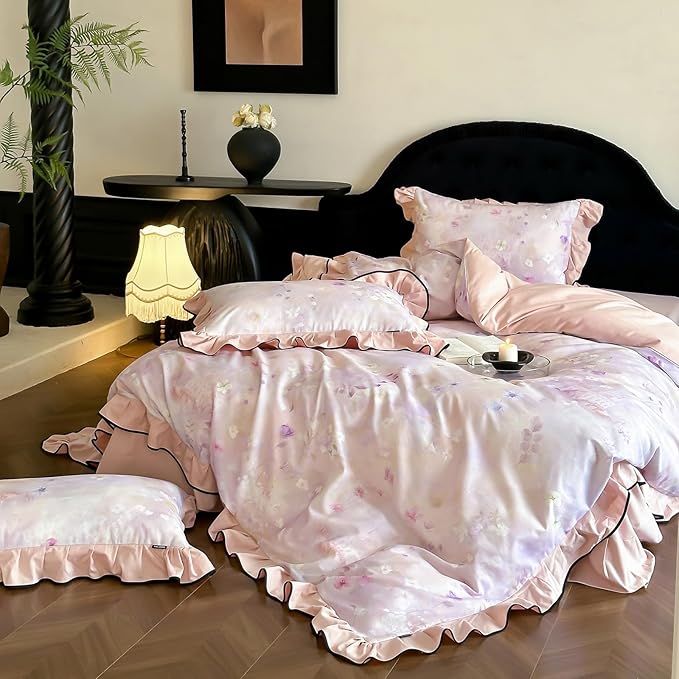 HighBuy College Girl Ruffle Duvet Cover Set Twin XL,Brushed Cotton Comforter Cover Pink Floral Lace Bedding Set Chic Cottagecore,Durable Soft Duvet Cover Set with Zipper,Breathable