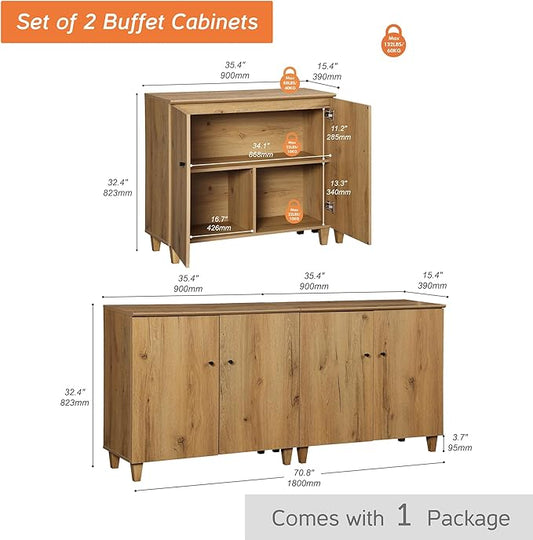 WAMPAT Storage Cabinets with Doors, Set of 2 Wood Sideboards Extra Wide Buffet Storage Cabinets, Accent Cabinets with 6 Compartments for Living Room, Dining Room, Kitchen, 1 Pack, Rustic Oak Brown