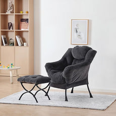 Plush Lazy Chair and Ottoman, Large Contemporary Accent Lounge Chair with Armrests and a Side Pocket, Modern Leisure Upholstered Sofa Reading Armchair with Footrest for Bedroom, Living Room
