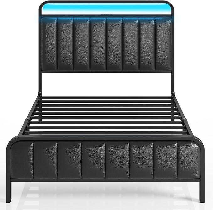 Rolanstar Twin Size Bed Frame with LED Light and Charging Station, Upholstered Headboard and Footboard, Metal Slat, Noise Free, Easy Assembly, Black