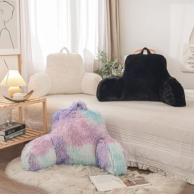 A Nice Night Faux Fur Reading Pillow Bed Wedge for Adult Backrest with Arms Back Support for Sitting Up for Bedrest,Black,Large