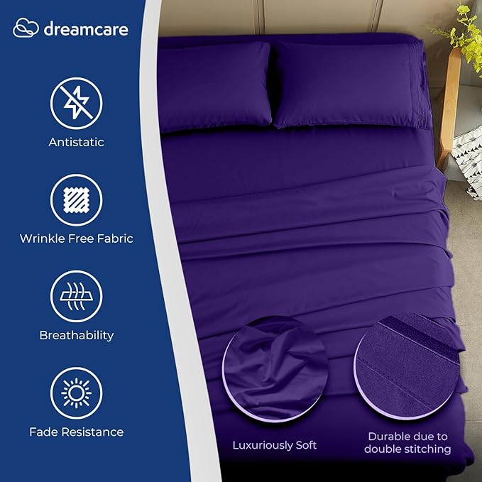 DREAMCARE King Size Sheets Set – 4 pcs Cooling Sheets – up to 21” Deep Pocket King Sheet Set – Hotel Luxury Sheets & Pillowcases – Superior Softness 100% Fine Microfiber with Side Pocket – Purple DREAMCARE